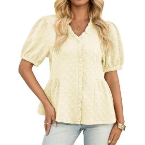 imageCicy Bell Womens Peplum Puff Sleeve Tops Dressy Casual Summer Textured Blouses V Neck Ruffle Pleated ShirtsBeige