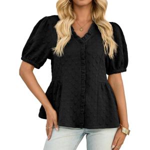 imageCicy Bell Womens Peplum Puff Sleeve Tops Dressy Casual Summer Textured Blouses V Neck Ruffle Pleated ShirtsBlack