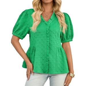 imageCicy Bell Womens Peplum Puff Sleeve Tops Dressy Casual Summer Textured Blouses V Neck Ruffle Pleated ShirtsGreen