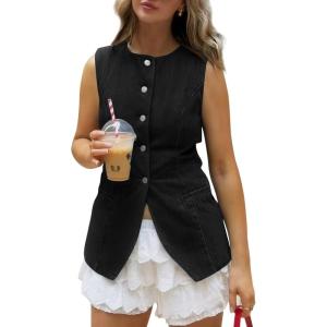 imageCicy Bell Womens Round Neck Denim Waistcoat Vest Summer Button up Jean Vest Tops Fitted Sleeveless JacketsBlack