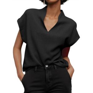 imageCicy Bell Womens Summer Cap Sleeve Blouse V Neck Casual Dressy Work Tops Loose Fit Elegant Textured ShirtsBlack