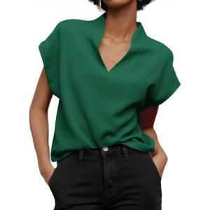 imageCicy Bell Womens Summer Cap Sleeve Blouse V Neck Casual Dressy Work Tops Loose Fit Elegant Textured ShirtsDark Green