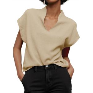 imageCicy Bell Womens Summer Cap Sleeve Blouse V Neck Casual Dressy Work Tops Loose Fit Elegant Textured ShirtsKhaki