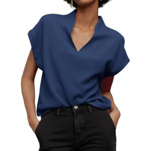 imageCicy Bell Womens Summer Cap Sleeve Blouse V Neck Casual Dressy Work Tops Loose Fit Elegant Textured ShirtsNavy