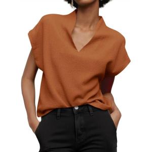 imageCicy Bell Womens Summer Cap Sleeve Blouse V Neck Casual Dressy Work Tops Loose Fit Elegant Textured ShirtsOrange Red