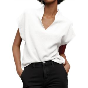 imageCicy Bell Womens Summer Cap Sleeve Blouse V Neck Casual Dressy Work Tops Loose Fit Elegant Textured ShirtsWhite