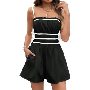 imageCicy Bell Womens Summer Spaghetti Strap Romper Sleeveless Ruffle Color Block Short Jumpsuit Smocked Vacation Beach OutfitsBlack