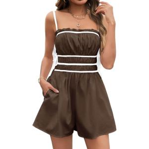 imageCicy Bell Womens Summer Spaghetti Strap Romper Sleeveless Ruffle Color Block Short Jumpsuit Smocked Vacation Beach OutfitsBrown