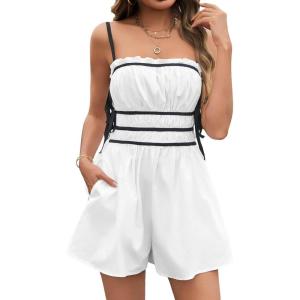 imageCicy Bell Womens Summer Spaghetti Strap Romper Sleeveless Ruffle Color Block Short Jumpsuit Smocked Vacation Beach OutfitsWhite
