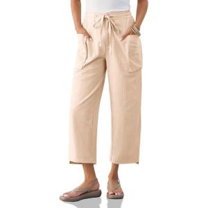 imageCicy Bell Womens Wide Leg Cropped Pants Cotton Loose Drawstring Smocked Waist Beach Harem Pants with PocketsBeige