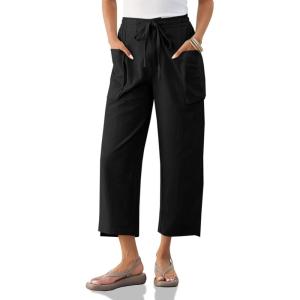 imageCicy Bell Womens Wide Leg Cropped Pants Cotton Loose Drawstring Smocked Waist Beach Harem Pants with PocketsBlack