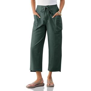imageCicy Bell Womens Wide Leg Cropped Pants Cotton Loose Drawstring Smocked Waist Beach Harem Pants with PocketsGreen