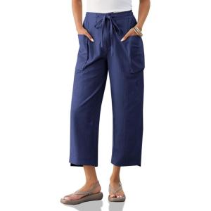 imageCicy Bell Womens Wide Leg Cropped Pants Cotton Loose Drawstring Smocked Waist Beach Harem Pants with PocketsNavy
