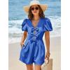 imageCicy Bell Womens Cute Rompers Bow Front Puff Sleeve V Neck Short Jumpsuits Sexy Summer Outfits with PocketsBlue