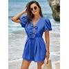 imageCicy Bell Womens Cute Rompers Bow Front Puff Sleeve V Neck Short Jumpsuits Sexy Summer Outfits with PocketsBlue