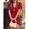 imageCicy Bell Womens Cute Rompers Bow Front Puff Sleeve V Neck Short Jumpsuits Sexy Summer Outfits with PocketsBurgundy