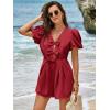 imageCicy Bell Womens Cute Rompers Bow Front Puff Sleeve V Neck Short Jumpsuits Sexy Summer Outfits with PocketsBurgundy