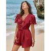 imageCicy Bell Womens Cute Rompers Bow Front Puff Sleeve V Neck Short Jumpsuits Sexy Summer Outfits with PocketsBurgundy