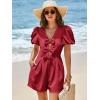imageCicy Bell Womens Cute Rompers Bow Front Puff Sleeve V Neck Short Jumpsuits Sexy Summer Outfits with PocketsBurgundy