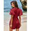 imageCicy Bell Womens Cute Rompers Bow Front Puff Sleeve V Neck Short Jumpsuits Sexy Summer Outfits with PocketsBurgundy