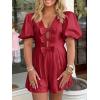 imageCicy Bell Womens Cute Rompers Bow Front Puff Sleeve V Neck Short Jumpsuits Sexy Summer Outfits with PocketsBurgundy