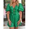 imageCicy Bell Womens Cute Rompers Bow Front Puff Sleeve V Neck Short Jumpsuits Sexy Summer Outfits with PocketsGreen