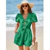 imageCicy Bell Womens Cute Rompers Bow Front Puff Sleeve V Neck Short Jumpsuits Sexy Summer Outfits with PocketsGreen