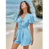 imageCicy Bell Womens Cute Rompers Bow Front Puff Sleeve V Neck Short Jumpsuits Sexy Summer Outfits with PocketsLight Blue