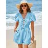 imageCicy Bell Womens Cute Rompers Bow Front Puff Sleeve V Neck Short Jumpsuits Sexy Summer Outfits with PocketsLight Blue