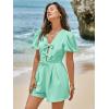 imageCicy Bell Womens Cute Rompers Bow Front Puff Sleeve V Neck Short Jumpsuits Sexy Summer Outfits with PocketsLight Green