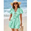 imageCicy Bell Womens Cute Rompers Bow Front Puff Sleeve V Neck Short Jumpsuits Sexy Summer Outfits with PocketsLight Green