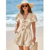 imageCicy Bell Womens Cute Rompers Bow Front Puff Sleeve V Neck Short Jumpsuits Sexy Summer Outfits with PocketsLight Khaki