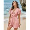 imageCicy Bell Womens Cute Rompers Bow Front Puff Sleeve V Neck Short Jumpsuits Sexy Summer Outfits with PocketsPink