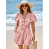 imageCicy Bell Womens Cute Rompers Bow Front Puff Sleeve V Neck Short Jumpsuits Sexy Summer Outfits with PocketsPink