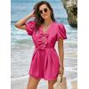 imageCicy Bell Womens Cute Rompers Bow Front Puff Sleeve V Neck Short Jumpsuits Sexy Summer Outfits with PocketsRose Red