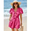 imageCicy Bell Womens Cute Rompers Bow Front Puff Sleeve V Neck Short Jumpsuits Sexy Summer Outfits with PocketsRose Red