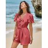 imageCicy Bell Womens Cute Rompers Bow Front Puff Sleeve V Neck Short Jumpsuits Sexy Summer Outfits with PocketsWatermelon Red