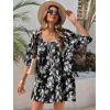 imageCicy Bell Womens Summer Floral Romper Loose Scoop Neck Lantern Sleeve Short Jumpsuits Front Tie Beach OutfitsBlack