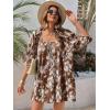 imageCicy Bell Womens Summer Floral Romper Loose Scoop Neck Lantern Sleeve Short Jumpsuits Front Tie Beach OutfitsCoffee