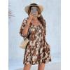 imageCicy Bell Womens Summer Floral Romper Loose Scoop Neck Lantern Sleeve Short Jumpsuits Front Tie Beach OutfitsCoffee