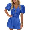 imageCicy Bell Womens Cute Rompers Bow Front Puff Sleeve V Neck Short Jumpsuits Sexy Summer Outfits with PocketsBlue