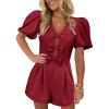 imageCicy Bell Womens Cute Rompers Bow Front Puff Sleeve V Neck Short Jumpsuits Sexy Summer Outfits with PocketsBurgundy