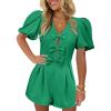 imageCicy Bell Womens Cute Rompers Bow Front Puff Sleeve V Neck Short Jumpsuits Sexy Summer Outfits with PocketsGreen
