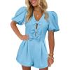 imageCicy Bell Womens Cute Rompers Bow Front Puff Sleeve V Neck Short Jumpsuits Sexy Summer Outfits with PocketsLight Blue
