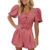 imageCicy Bell Womens Cute Rompers Bow Front Puff Sleeve V Neck Short Jumpsuits Sexy Summer Outfits with PocketsWatermelon Red