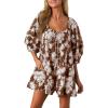 imageCicy Bell Womens Summer Floral Romper Loose Scoop Neck Lantern Sleeve Short Jumpsuits Front Tie Beach OutfitsCoffee