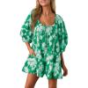 imageCicy Bell Womens Summer Floral Romper Loose Scoop Neck Lantern Sleeve Short Jumpsuits Front Tie Beach OutfitsGreen