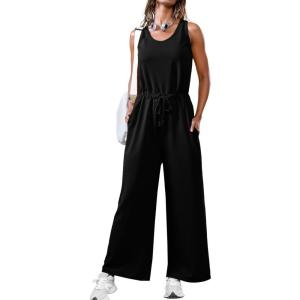 imageCicy Bell Womens Casual Wide Leg Jumpsuits Summer Sleeveless Loose Fit Jumper Drawstring Workout OutfitsBlack