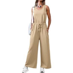 imageCicy Bell Womens Casual Wide Leg Jumpsuits Summer Sleeveless Loose Fit Jumper Drawstring Workout OutfitsKhaki