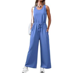 imageCicy Bell Womens Casual Wide Leg Jumpsuits Summer Sleeveless Loose Fit Jumper Drawstring Workout OutfitsSky Blue